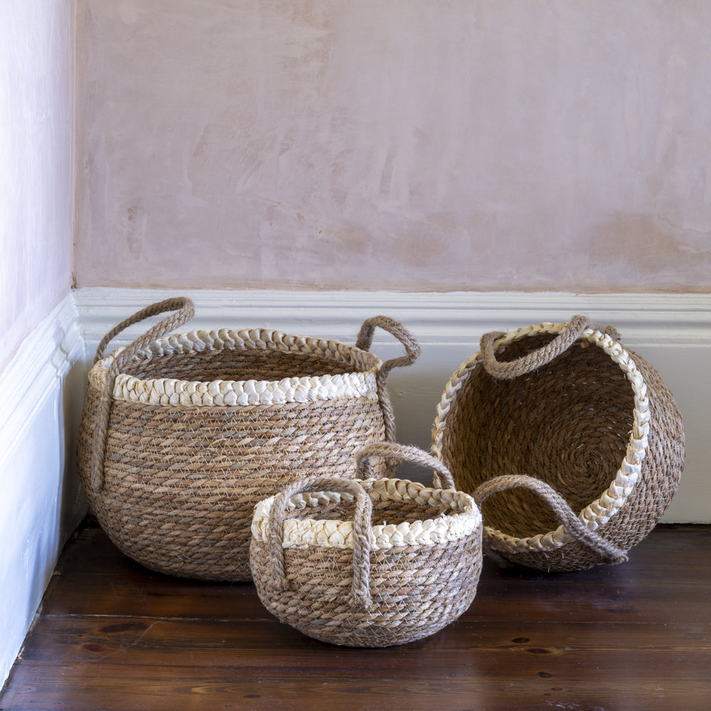 Straw and Corn Basket with Cream Braid Set of 3